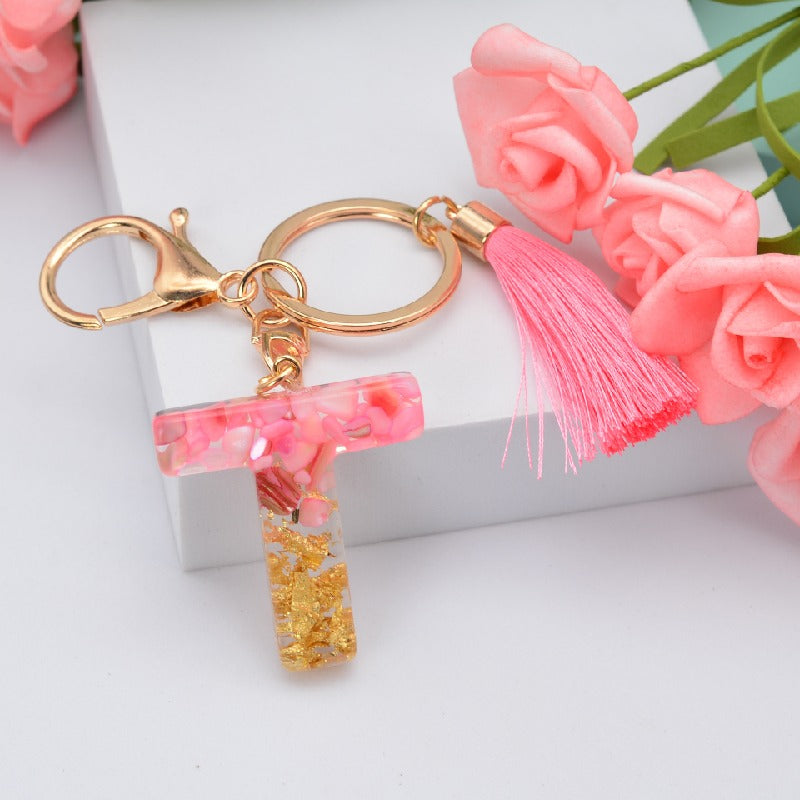 Resin Floral Pink Tassel Monogram Keychain Alphabet Letter A 20