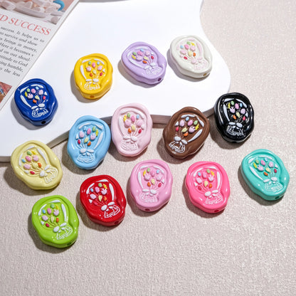 Hand Painted Oval Bouquet Acrylic Beads 28mm Colorful Floral 10pcs 3