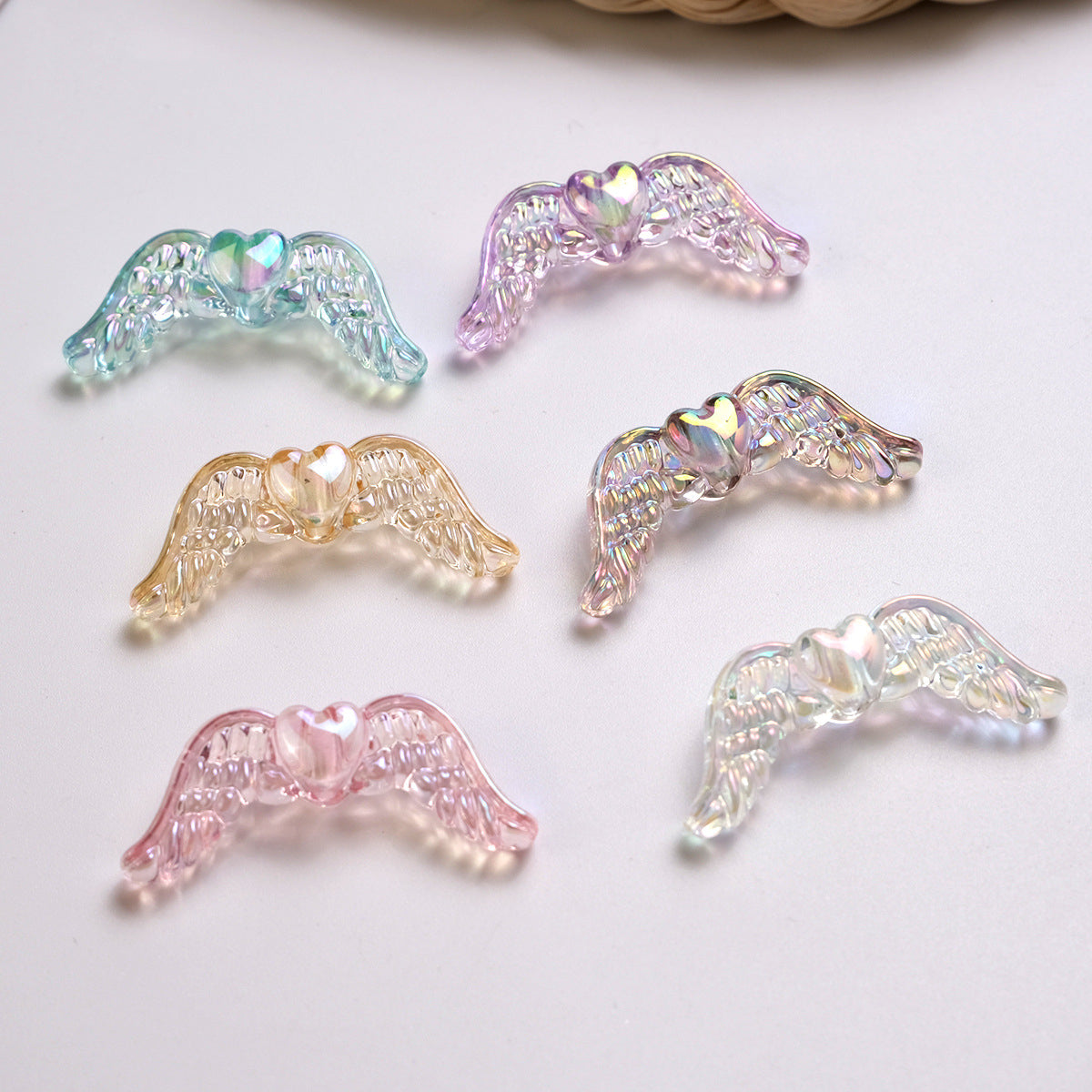 UV Plating Heart-Shaped Wings Acrylic Beads 34x15mm Transparent Mixed 50pcs