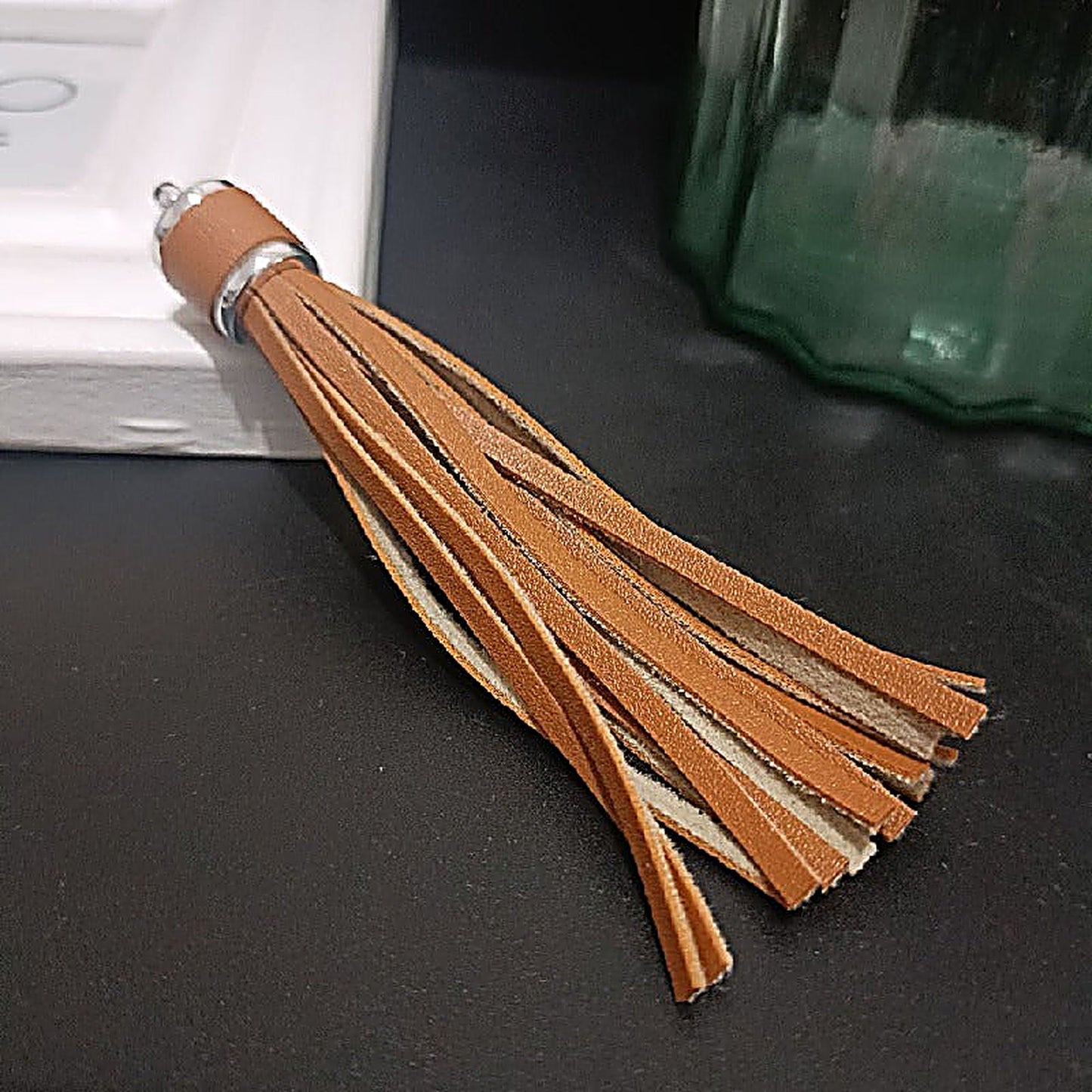 Silver PU Leather Tassel Keychain Metallic 9cm Length - 2 light coffee
