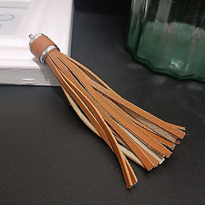 Silver PU Leather Tassel Keychain Metallic 9cm Length - 2 light coffee