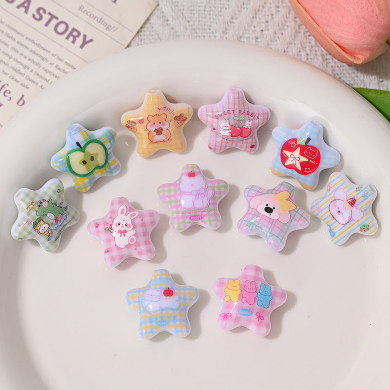 Cartoon Animal Fruit Pattern Star Resin Beads 22mm Pastel Colors 5pcs 5