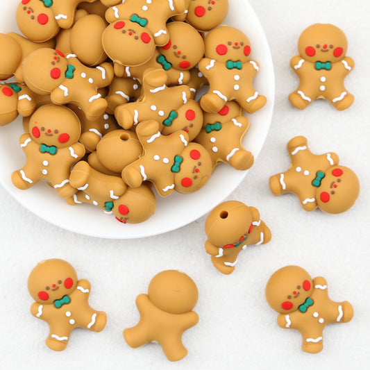 Gingerbread Man 3D Silicone Focal Beads Bowtie 20pcs