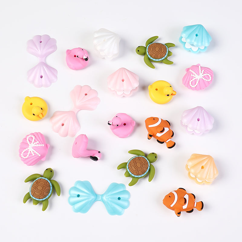 3D Summer Ocean Silicone Focal Beads Turtle Clownfish Seashell 20pcs 2
