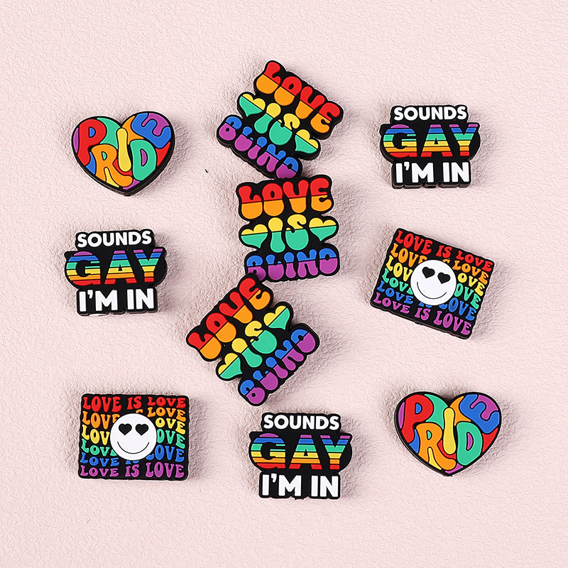 Silicone Focal Beads Rainbow Pride Bold Typography Hearts 20pcs 3