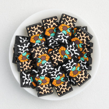 Silicone Focal Beads Western Cow Pattern Mom With Turquoise Sunflower 20pcs