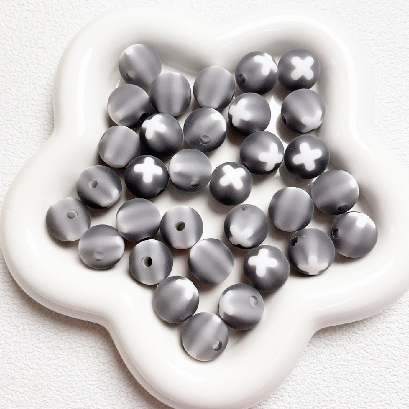 Frosted Round Acrylic Beads 16mm Bicolor White Cross 10pcs 9