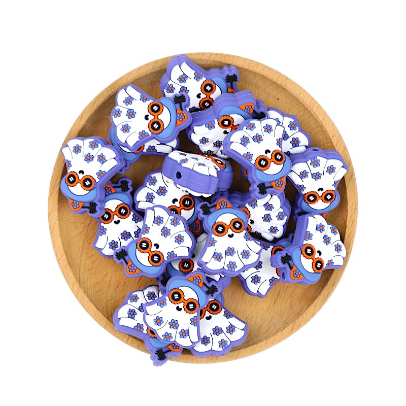 Silicone Focal Beads Halloween Ghost Wearing Purple Hat and Orange Sunglasses 20pcs 3