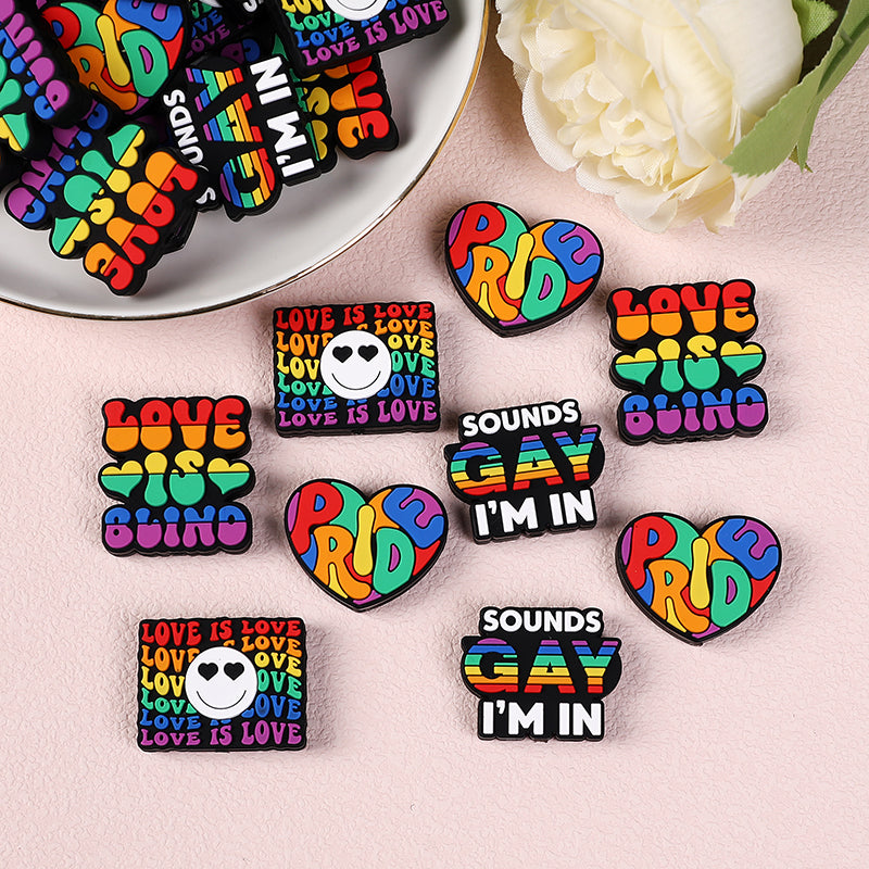 Silicone Focal Beads Rainbow Pride Bold Typography Hearts 20pcs 2