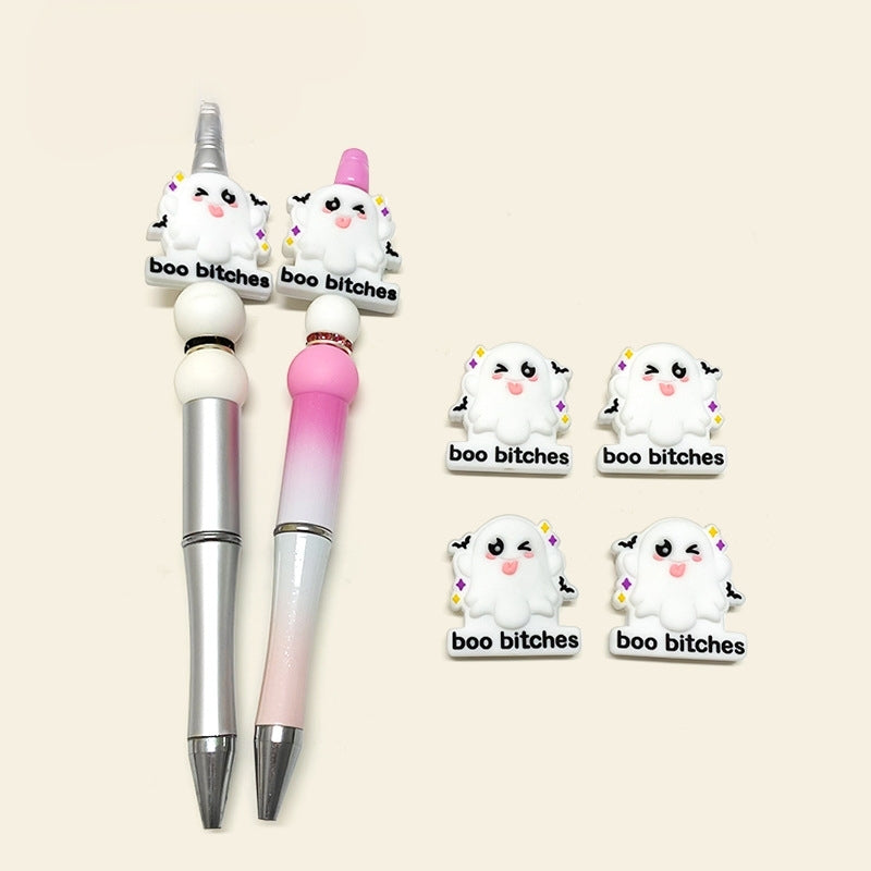 Silicone Focal Beads Halloween Winking Ghost With Printed Text 20pcs