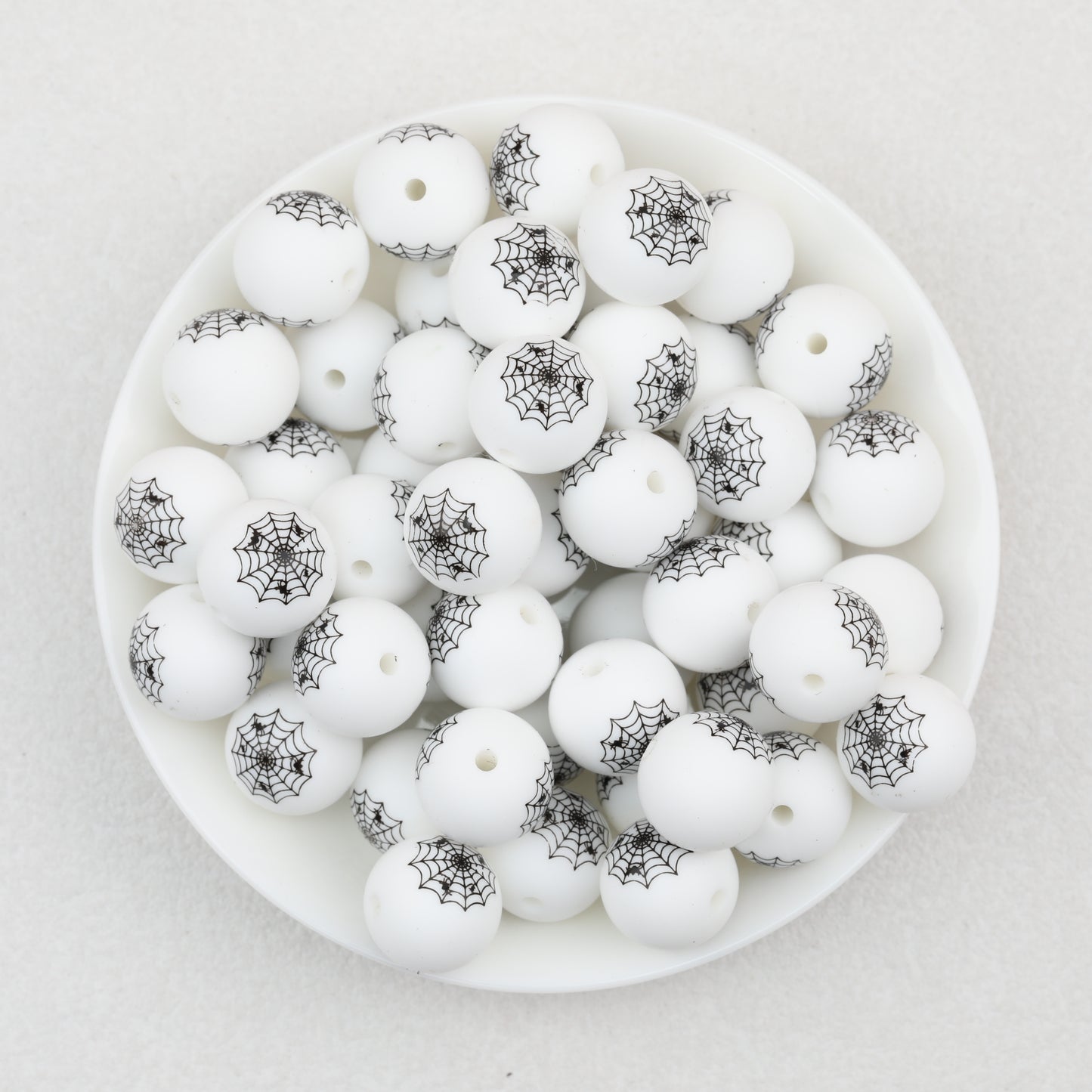 15mm Halloween Spider Web Printed Silicone Beads White Black 50pcs 3