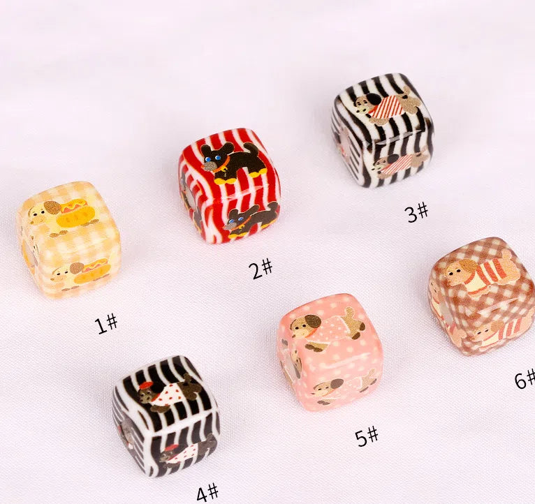 Square Acrylic Beads 14mm Striped Cartoon Puppy Pattern 10pcs 4