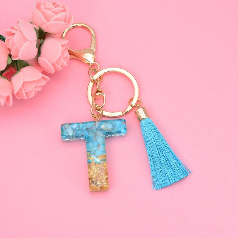 Blue Resin Tassel Monogram Keychain with Gold Flake Accent 22
