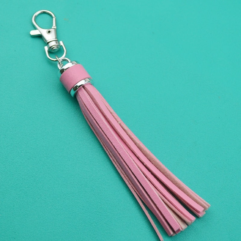PU Leather Tassel Keychain 9cm Strips Silver Lobster Clasp 11