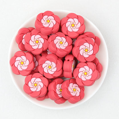 Floral Red Silicone Focal Beads with Pink Center 20 pcs 2