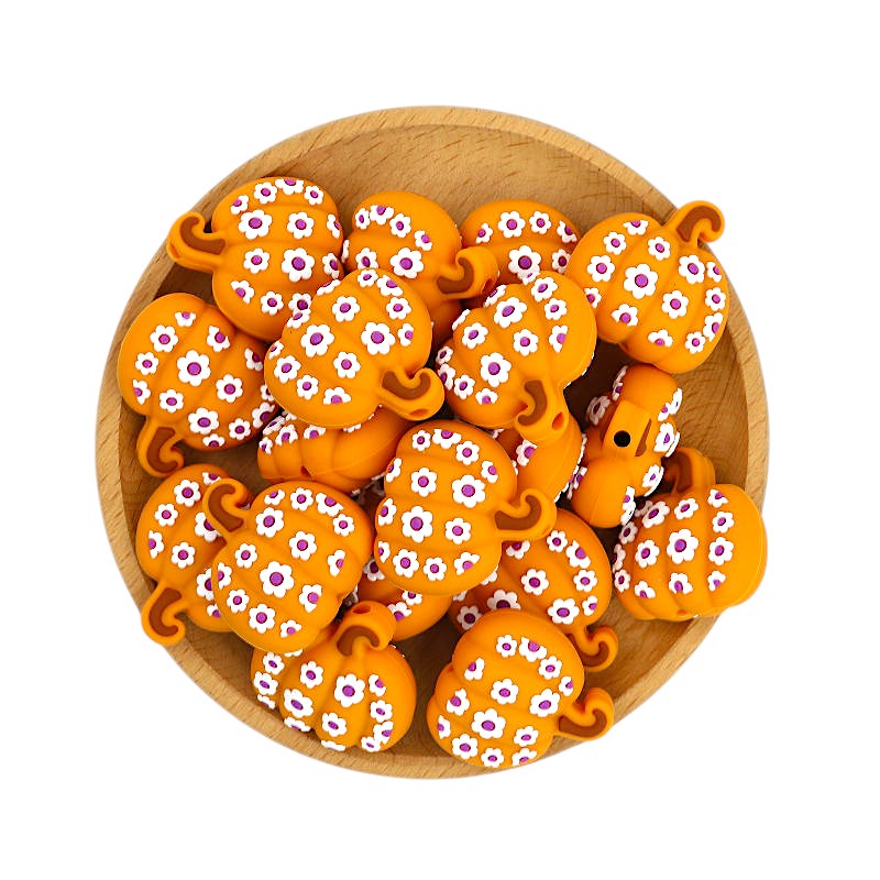 Silicone 3D Focal Beads Halloween Pumpkin White Flower Pink Center 20pcs 3