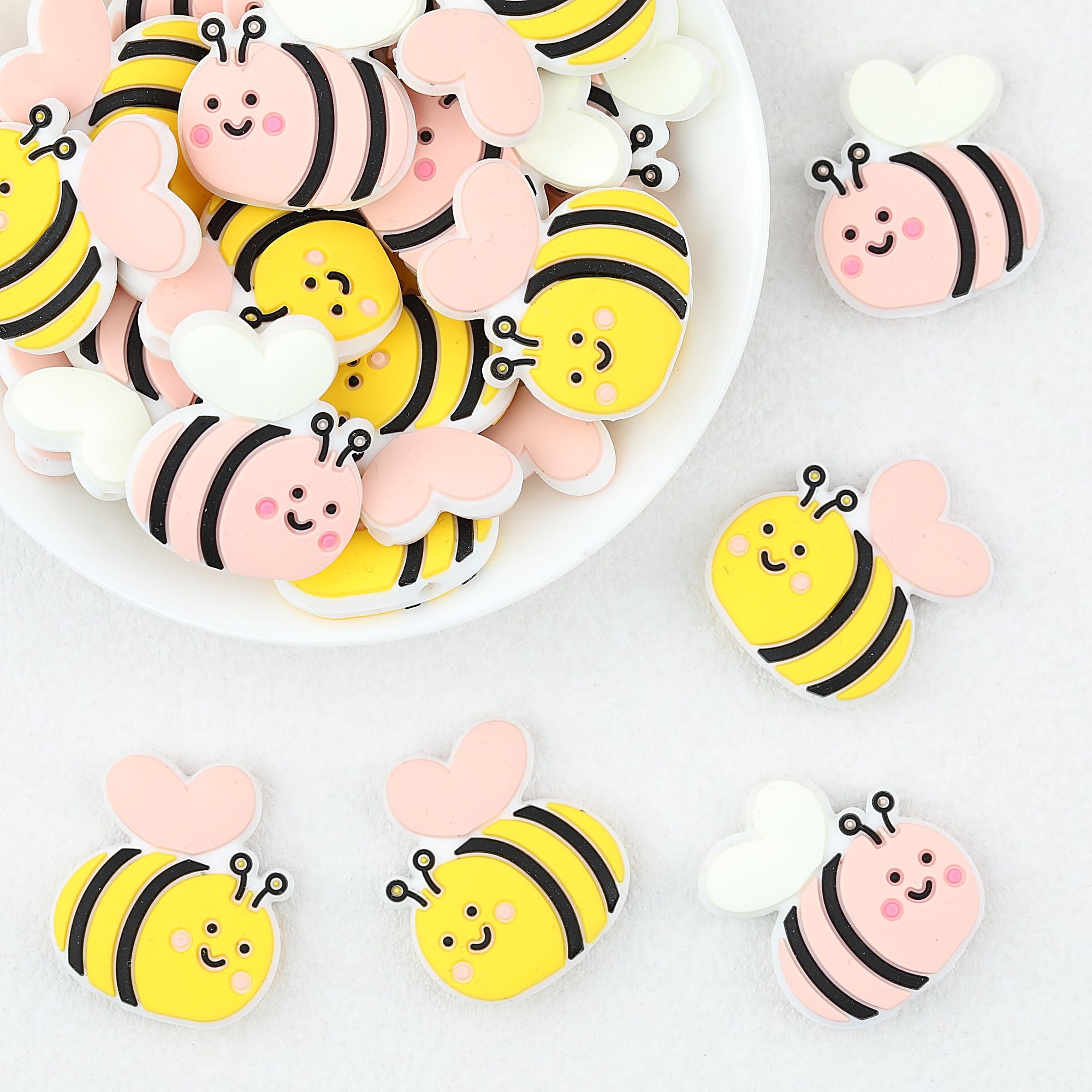 Cute Yellow and Pink Bee Silicone Focal Beads 20 pcs