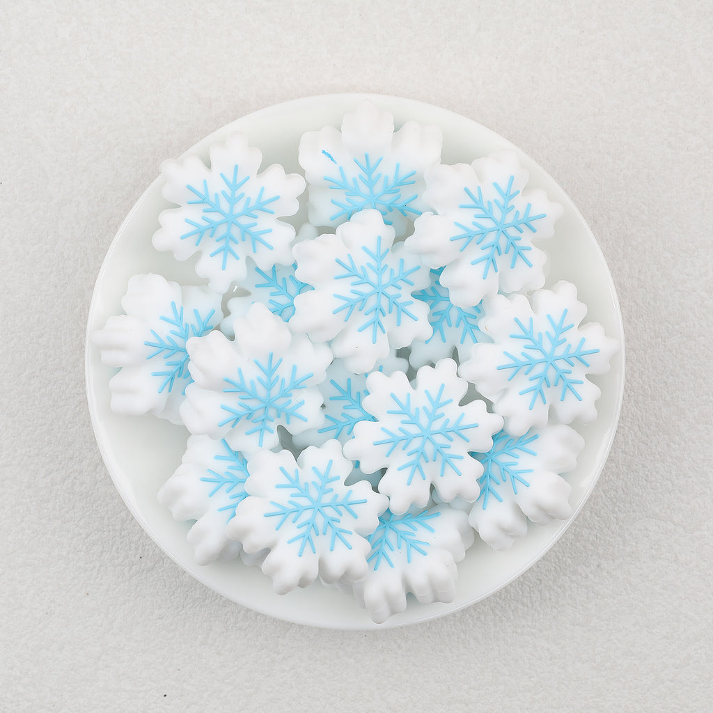3D Snowflake Silicone Focal Beads Wholesale, White and Blue Christmas Design