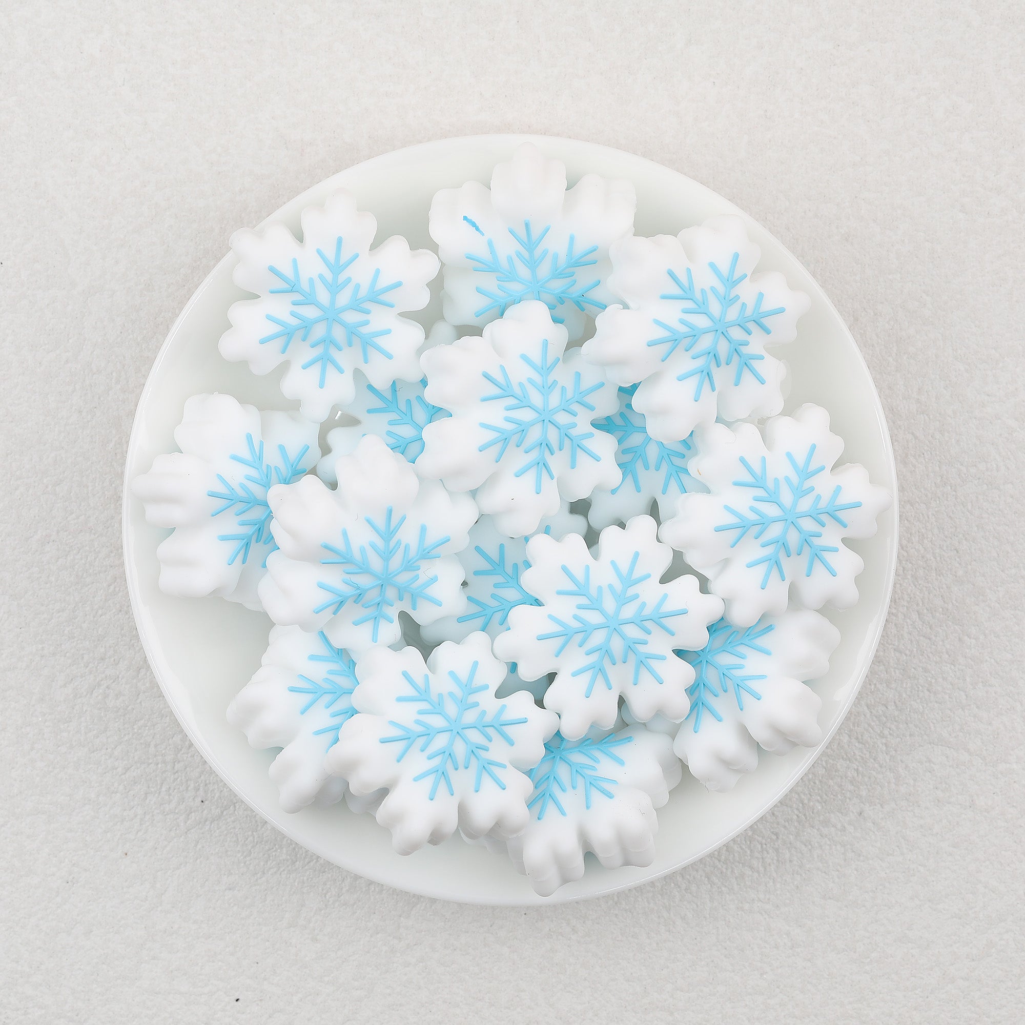 3D Snowflake Silicone Focal Beads Wholesale, White and Blue Christmas Design