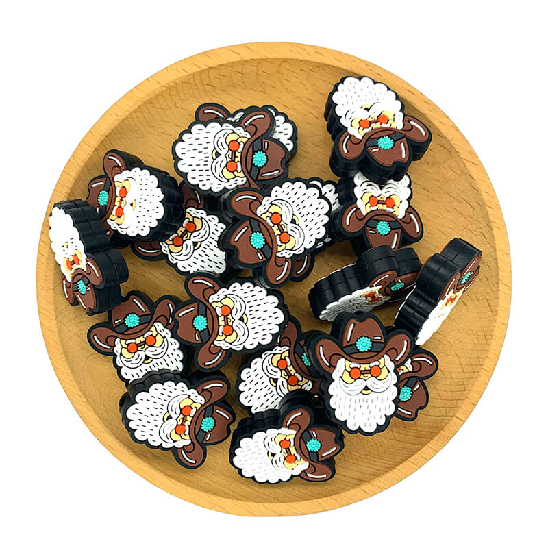 Silicone Focal Beads Western Cowboy Santa Wearing Brown Hat Turquoise Concho 2