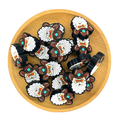 Silicone Focal Beads Western Cowboy Santa Wearing Brown Hat Turquoise Concho 2