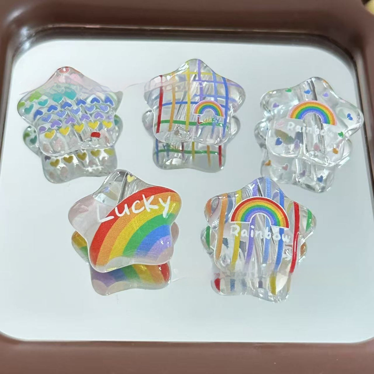 Transparent Star Acrylic Beads 25mm Rainbow Printed Glossy 10pcs