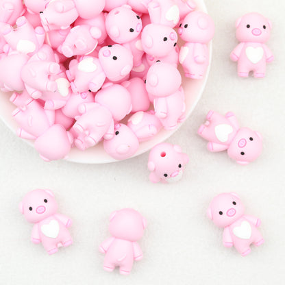 3D Light Pink Cute Heart Pig Silicone Focal Beads 20pcs