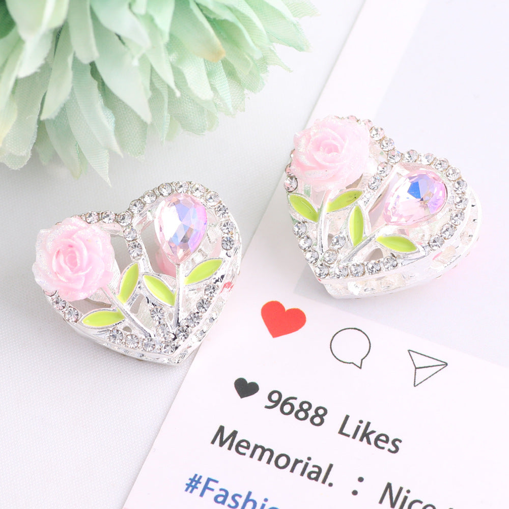 Fancy Heart Shaped Rose Rhinestone Alloy Beads 20mm 3pcs 6