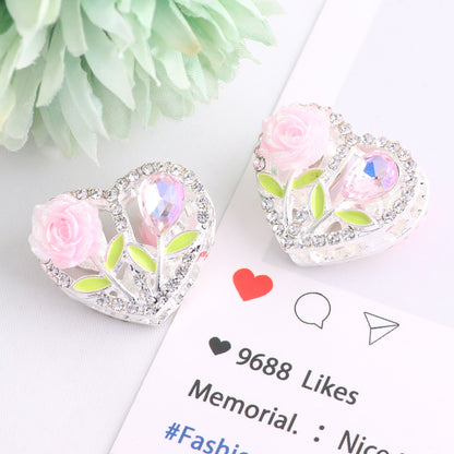 Fancy Heart Shaped Rose Rhinestone Alloy Beads 20mm 3pcs 6
