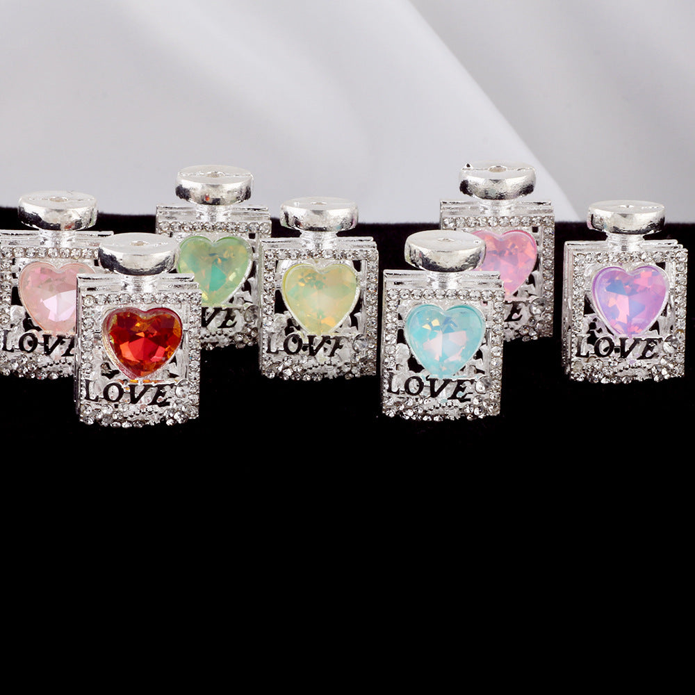 Fancy Alloy Perfume Bottle Charm Beads with Heart and Rhinestones 2pcs