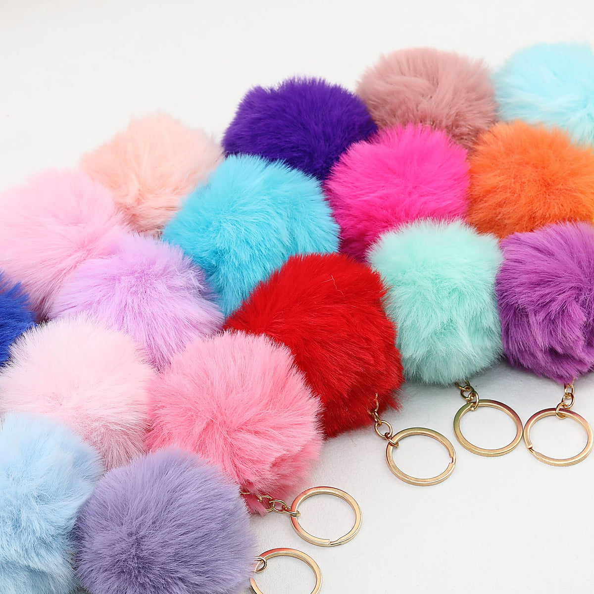 Pom Pom Keychain Plush Violet Faux Fur Ball Gold Ring 8cm