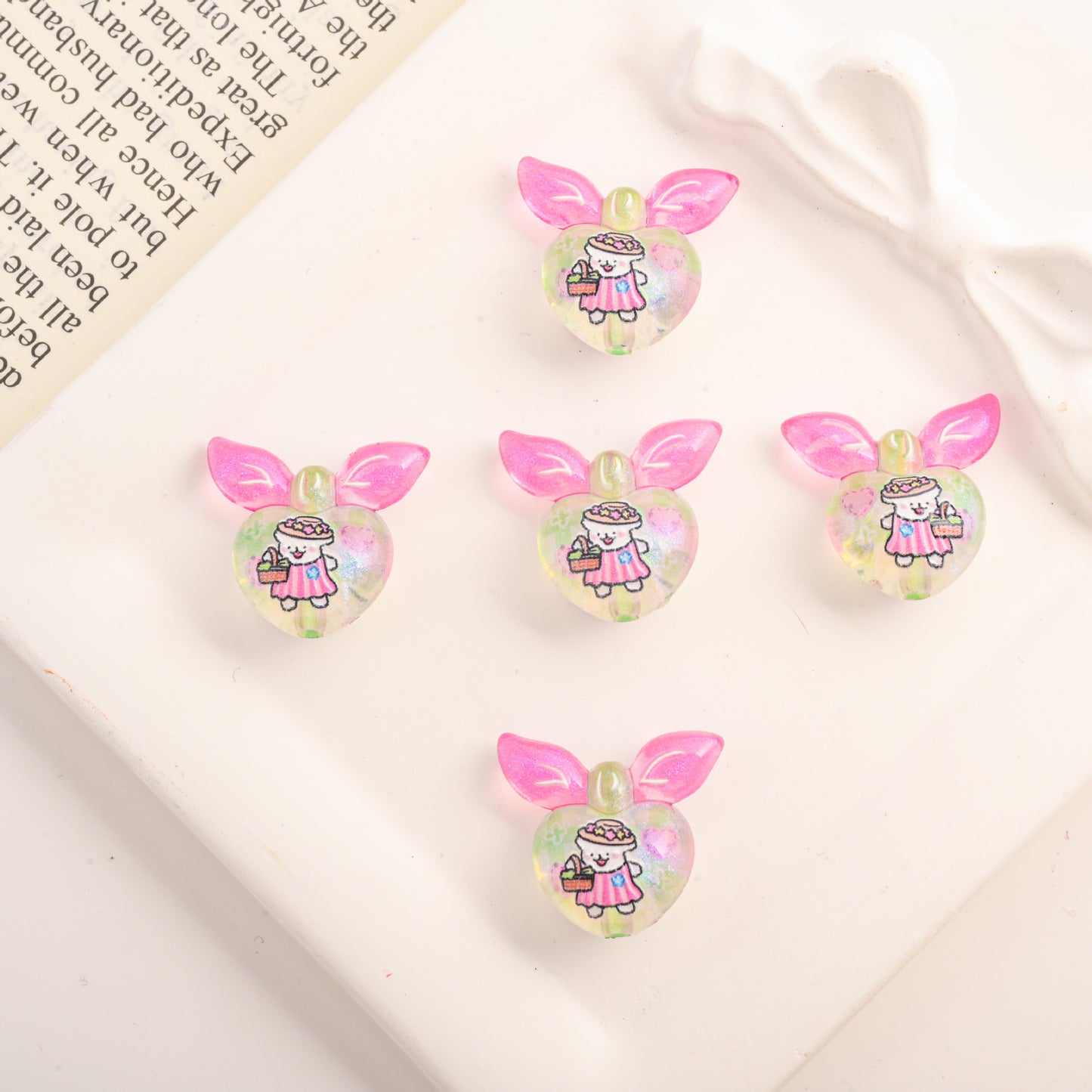 Cute Gradient Heart Shape Acrylic Beads with Bunny Prints 20pcs 11