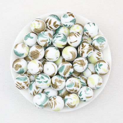 15mm Light Floral Print Round Silicone Beads 50 pcs - Floral Design 3