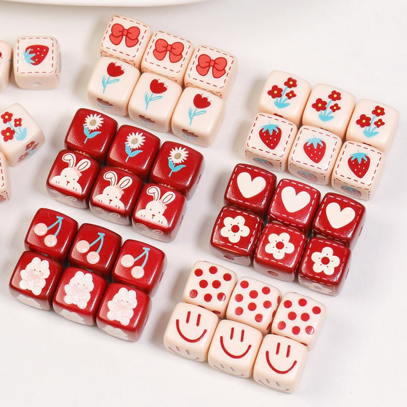 Heart Flower Square Acrylic Beads 14mm Colorful Pattern 10pcs