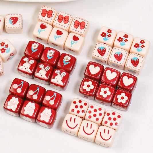 Heart Flower Square Acrylic Beads 14mm Colorful Pattern 10pcs