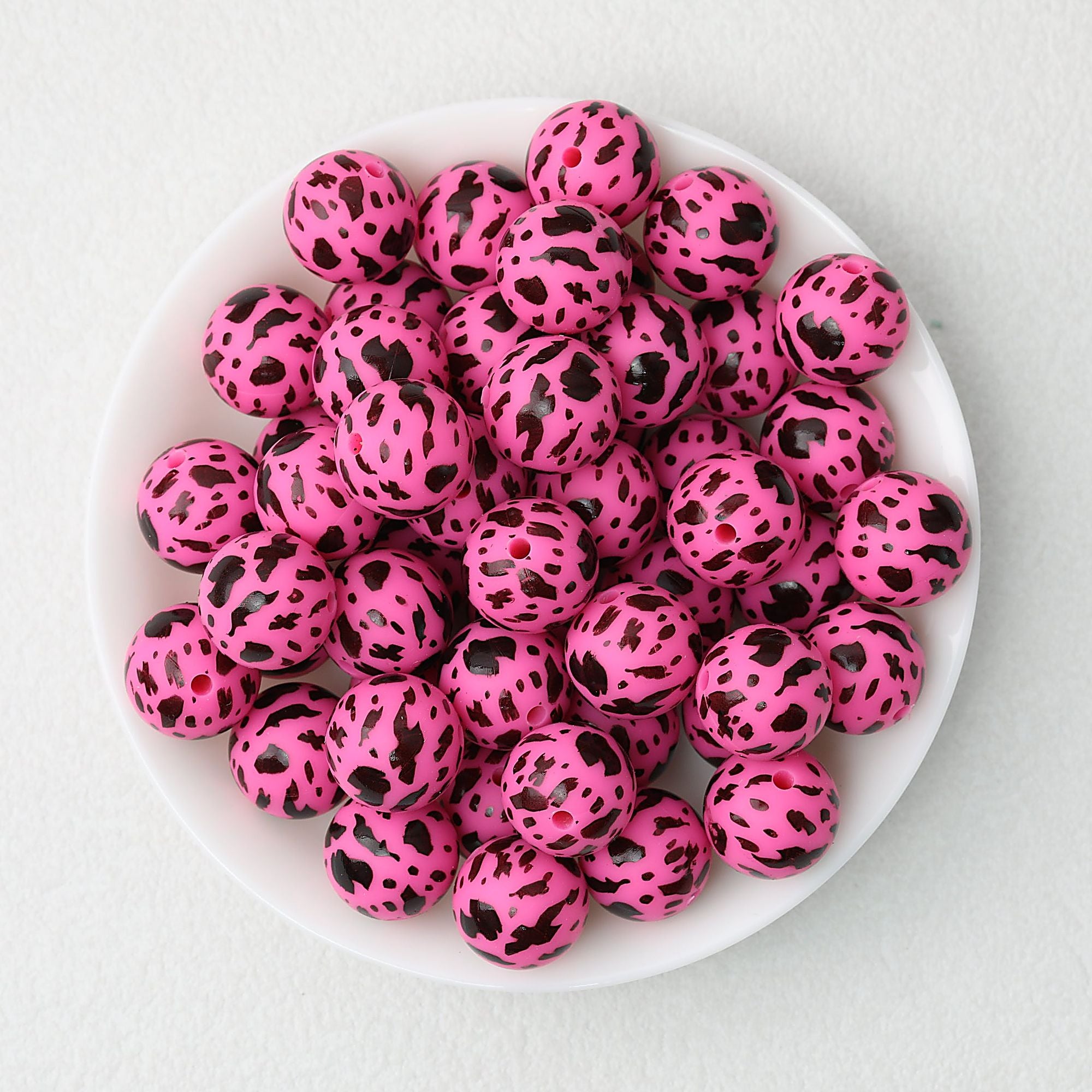 15mm Cow PPrinted Round Silicone Beads Colorful Spots 50pcs - Cow Rose Red