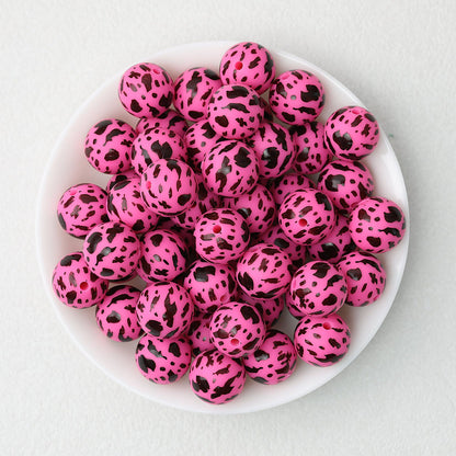 15mm Cow PPrinted Round Silicone Beads Colorful Spots 50pcs - Cow Rose Red