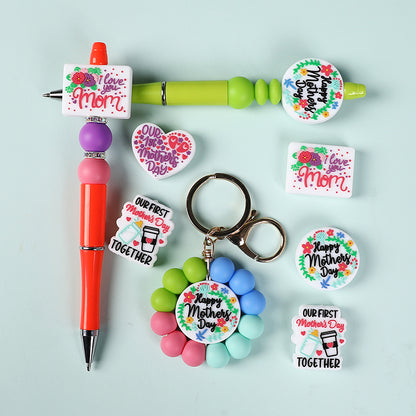 Silicone Focal Beads Mother Day Circle Badge Smiling Face 20pcs 5