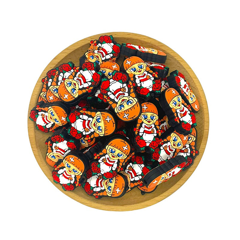 Silicone Focal Beads Halloween Annabelle Fiery Orange Braids Red Roses 20pcs 2