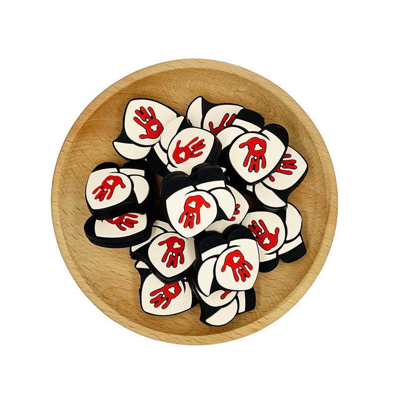 Silicone Focal Beads Handprint Red Graphic on Black White 20pcs 2