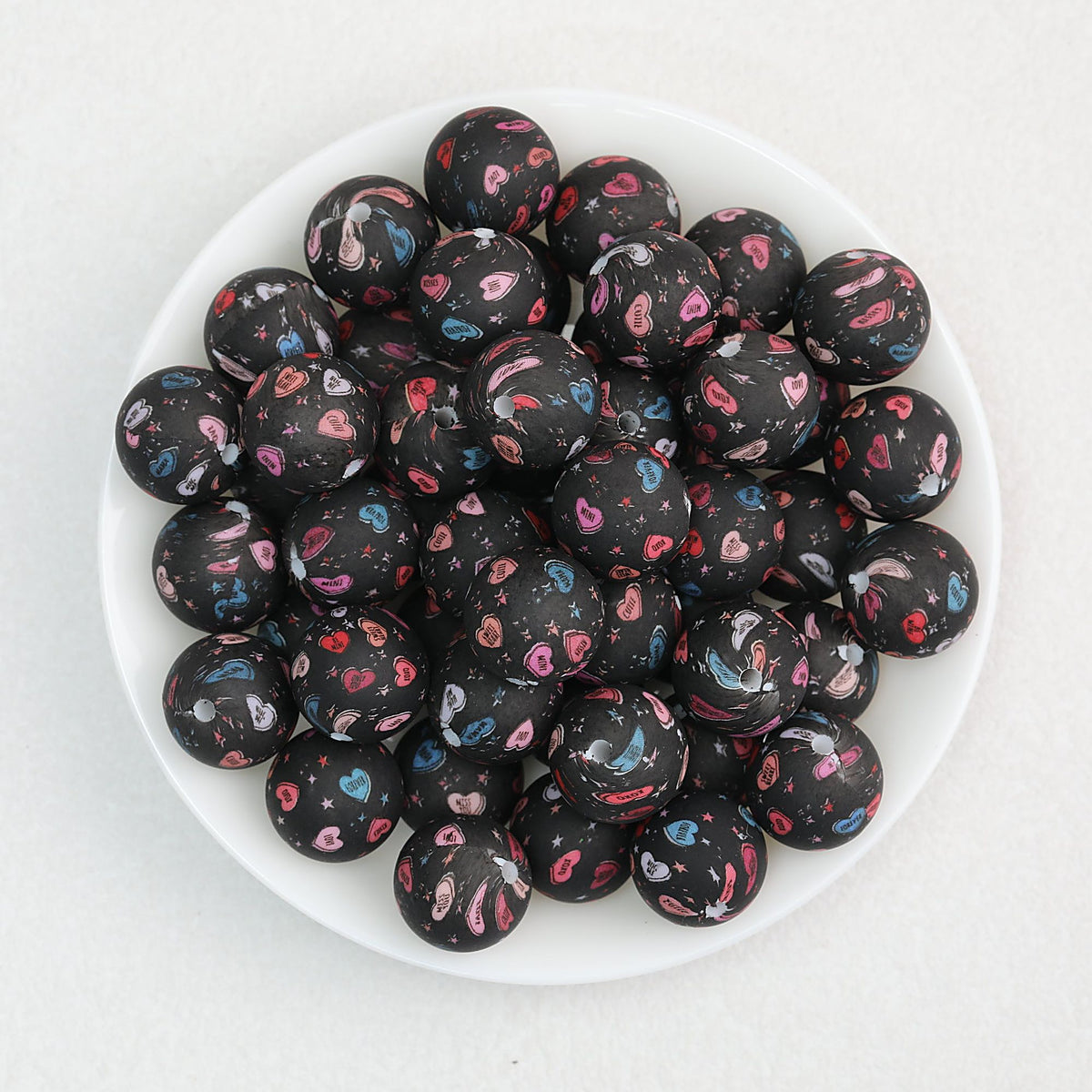 15mm Floral Printed Round Silicone Beads Detailed Design 50pcs - Valentine Black