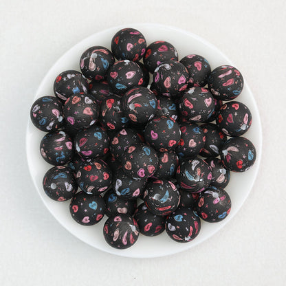 15mm Floral Printed Round Silicone Beads Detailed Design 50pcs - Valentine Black