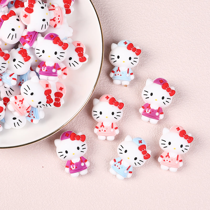 Silicone 3D Focal Beads Nurse Cat Wearing Nurse Hat 20pcs