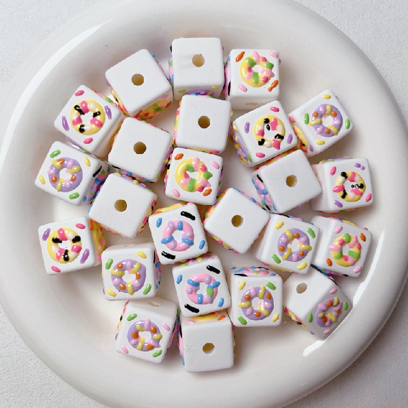 Hand Painted Square Acrylic Beads 16mm Cute Macaron 5pcs 14