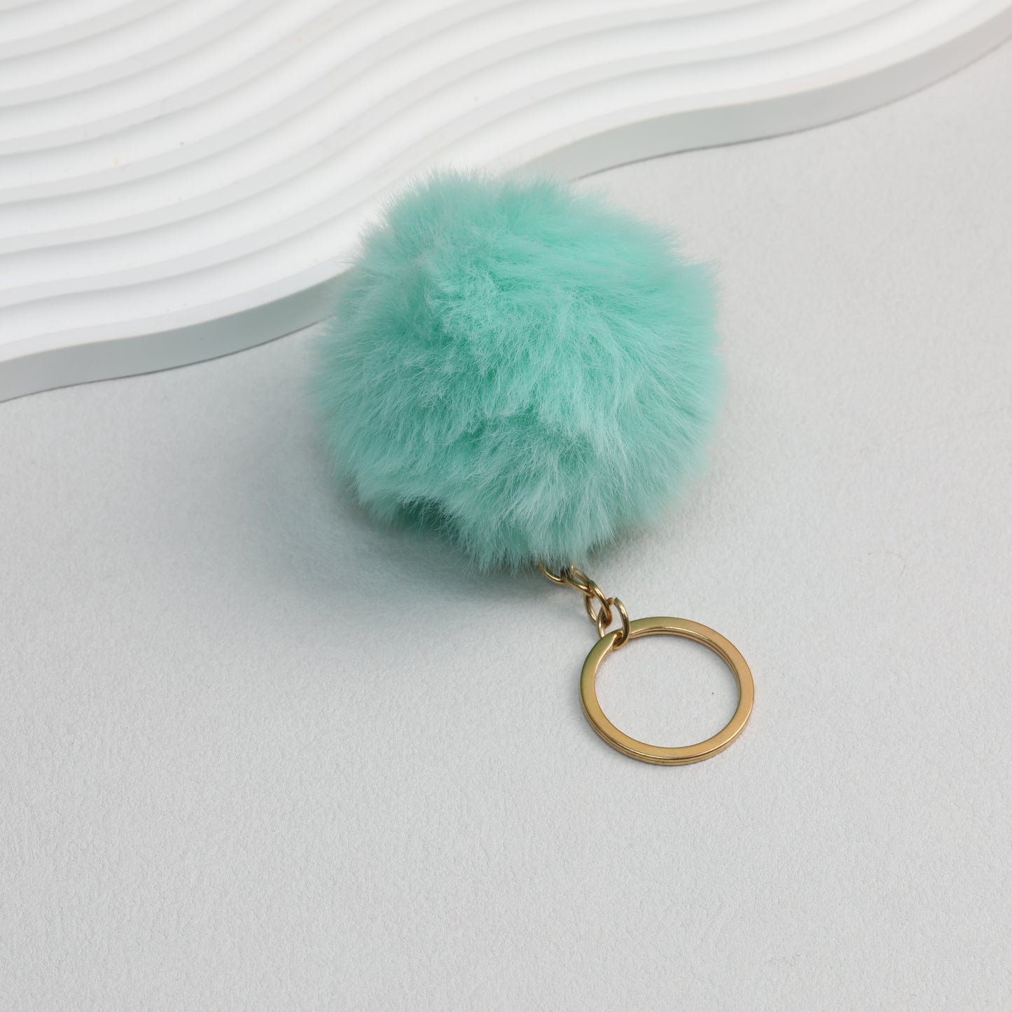 Pom Pom Keychain Plush Violet Faux Fur Ball Gold Ring 8cm