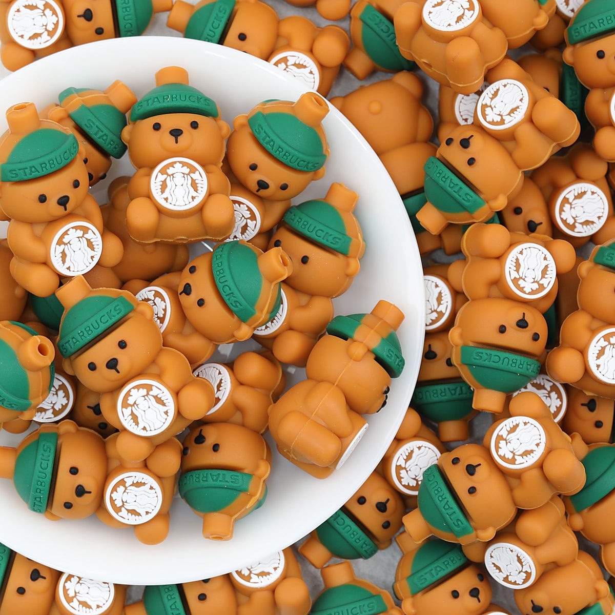 3D Bear Silicone Focal Beads with Green Hat and Coffee Cup 20pcs