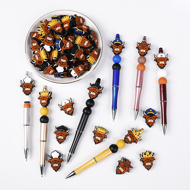 Silicone Focal Beads Highland Cattle Wearing Police Hat Crown 20pcs 11