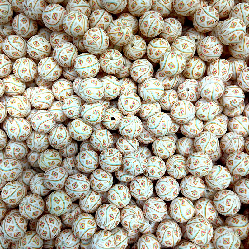 15mm Silicone Beads Printed Grids Design 50pcs 3