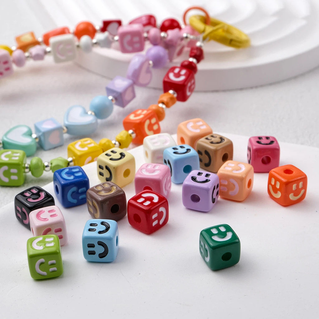 Colorful Smiley Square Acrylic Beads 9mm Enamel Glossy 20pcs 2