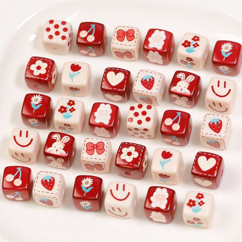 Heart Flower Square Acrylic Beads 14mm Colorful Pattern 10pcs 2